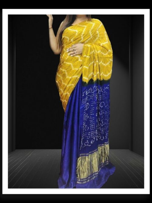 Yellow Blue Shibori Bandhani Dyed Saree Pure ModalSilk