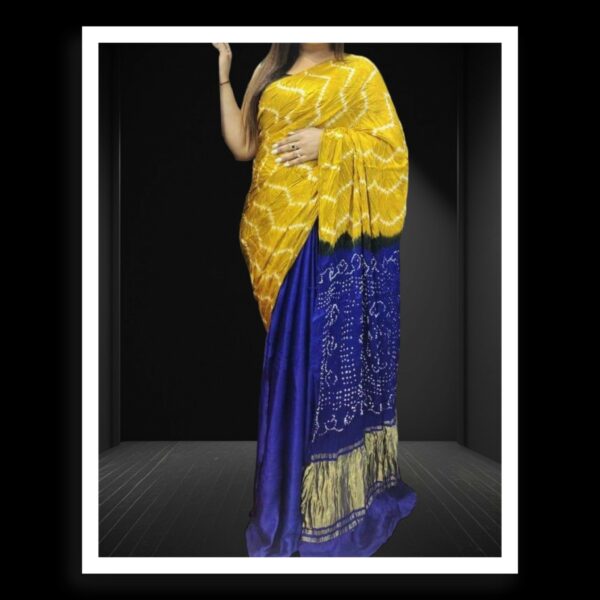 Yellow Blue Shibori Bandhani Dyed Saree Pure ModalSilk