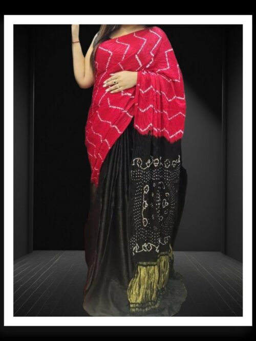 Red Black Shibori Bandhani Dyed Saree Pure ModalSilk