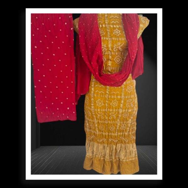 Mustard Red Bandhani Gharchola Dress Pure GajiSilk