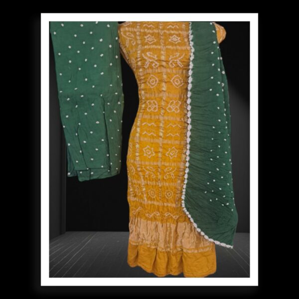 Mustard Green Bandhani Gharchola Dress Pure GajiSilk