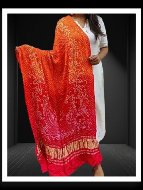 Golden Red Bandhani Dupatta Peacock Designer Pure GajiSilk