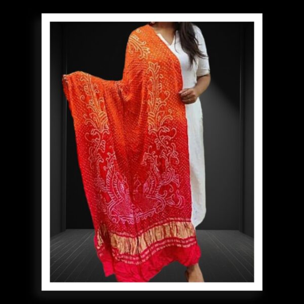 Golden Red Bandhani Dupatta Peacock Designer Pure GajiSilk