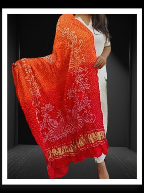 Orange Red Bandhani Dupatta Peacock Designer Pure GajiSilk