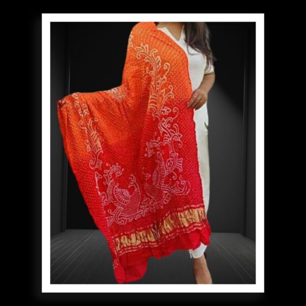 Orange Red Bandhani Dupatta Peacock Designer Pure GajiSilk