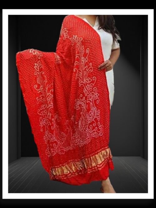 Red Bandhani Dupatta Peacock Designer Pure GajiSilk