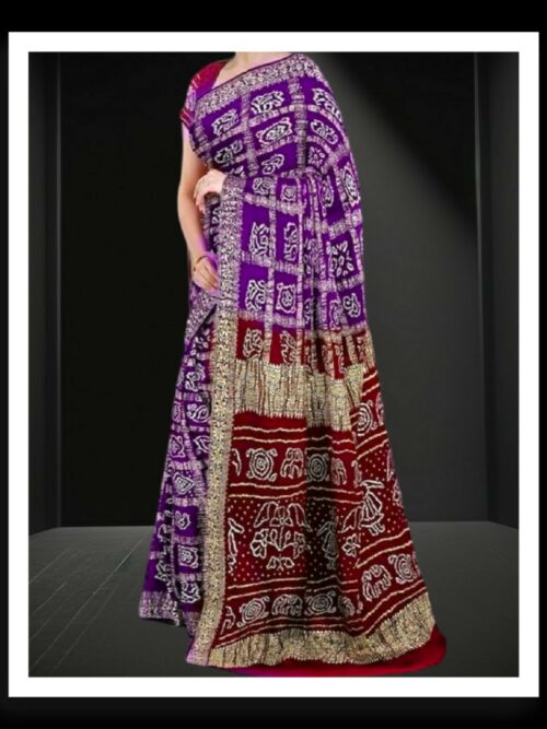 Brinjal Maroon Bandhani Saree Pure GajiSilk Naksi Zari Gharchola