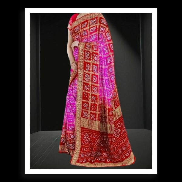 Red Pink Bandhani Saree Pure GajiSilk Naksi Zari Gharchola