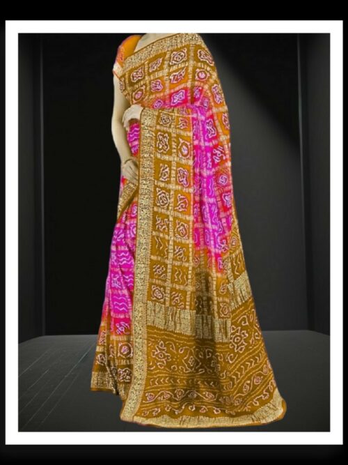 Mustard Pink Bandhani Saree Pure GajiSilk Naksi Zari Gharchola