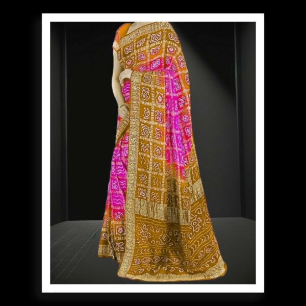 Mustard Pink Bandhani Saree Pure GajiSilk Naksi Zari Gharchola