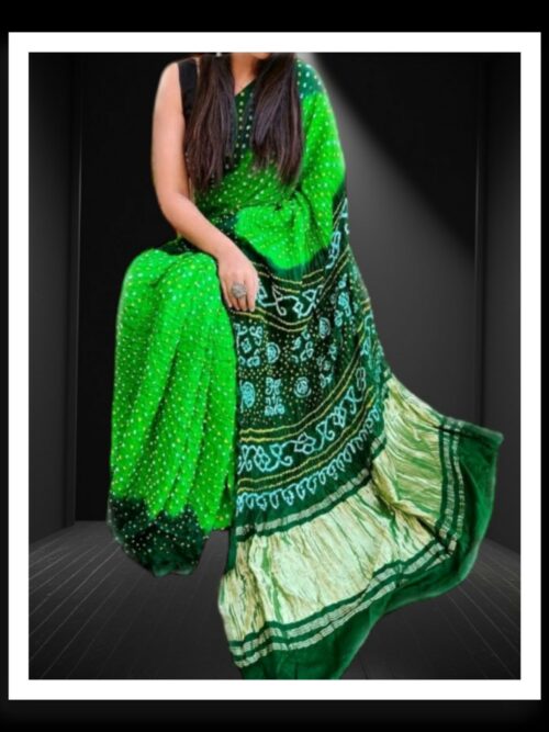 Green Parrot Pure Gaji Silk Bandhej Bandhani Saree