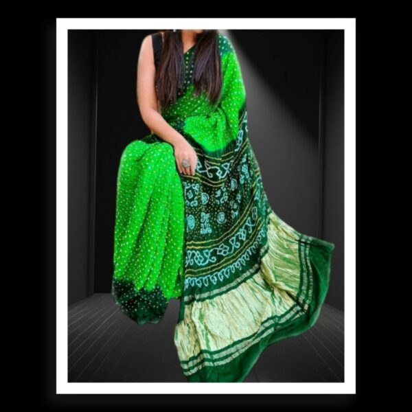 Green Parrot Pure Gaji Silk Bandhej Bandhani Saree