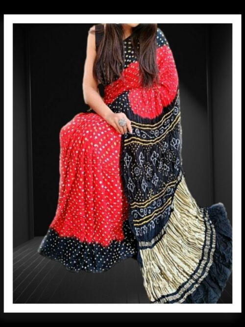 Red Black Pure Gaji Silk Bandhej Bandhani Saree