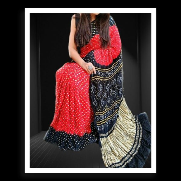 Red Black Pure Gaji Silk Bandhej Bandhani Saree