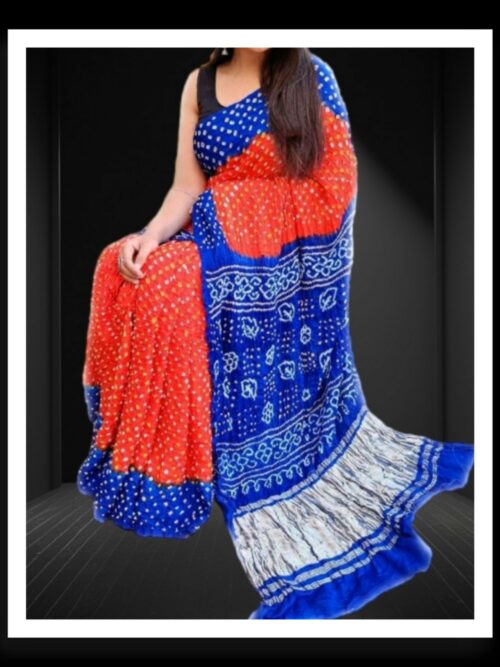 Red Blue Pure Gaji Silk Bandhej Bandhani Saree
