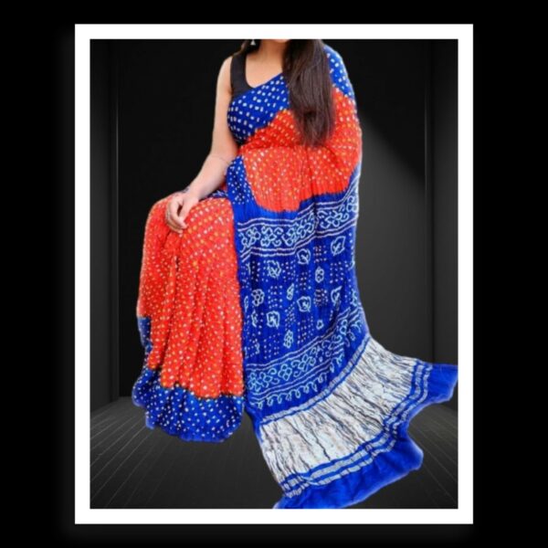 Red Blue Pure Gaji Silk Bandhej Bandhani Saree