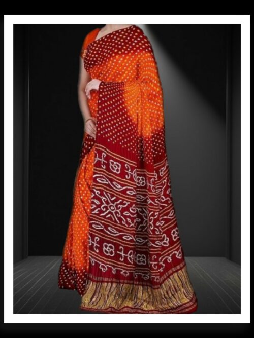 Red Orange Pure Gaji Silk Bandhej Bandhani Saree