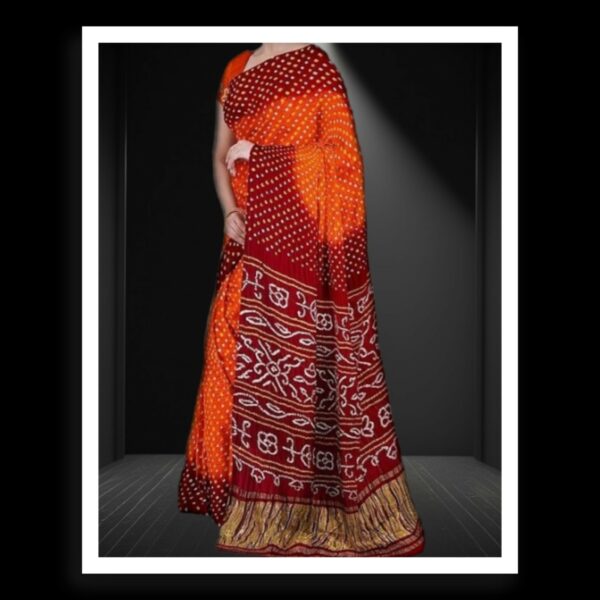 Red Orange Pure Gaji Silk Bandhej Bandhani Saree