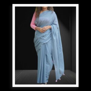 Silver Grey Plain Cotton Silk Saree