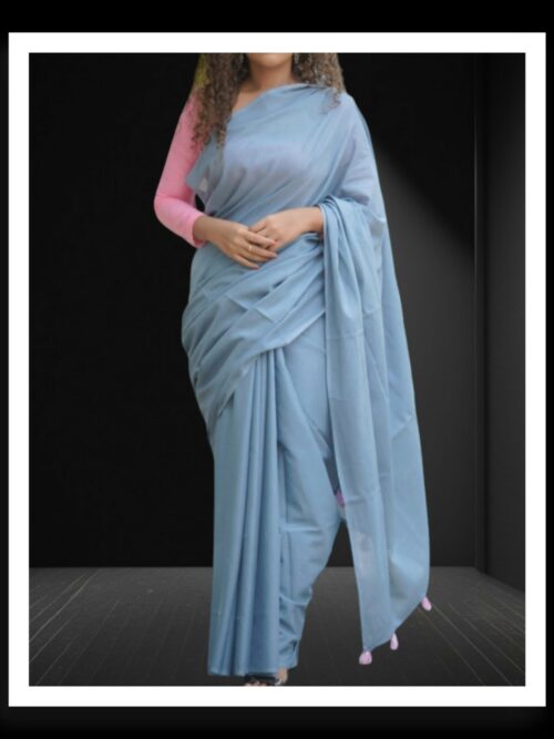 Silver Grey Plain Cotton Silk Saree