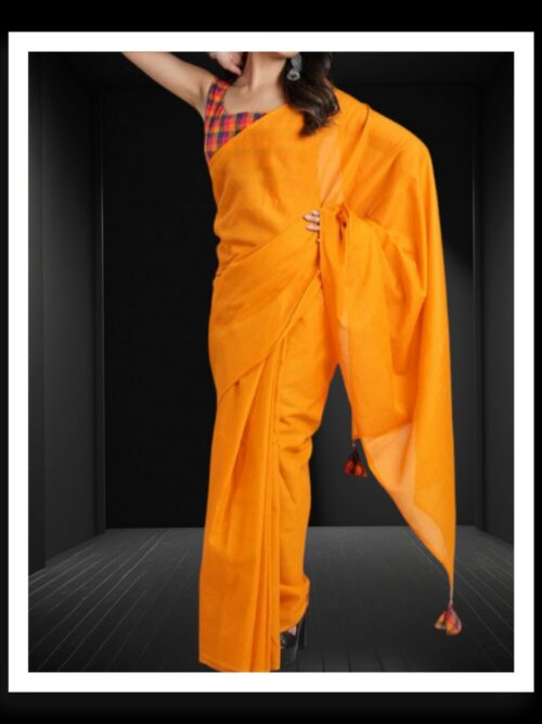 Mango Orange Plain Cotton Silk Saree