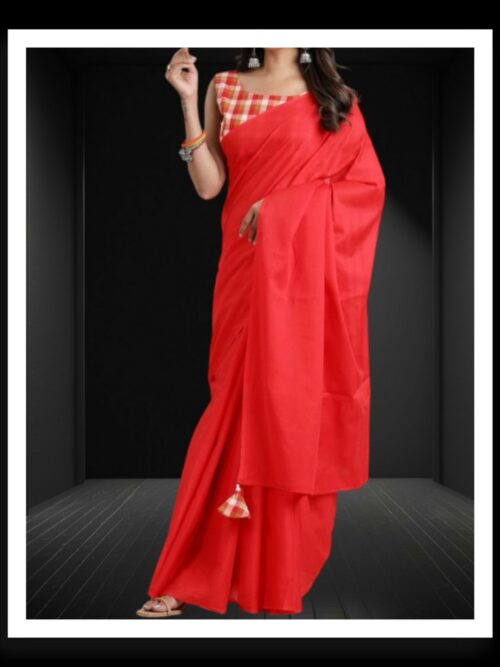 Red Plain Cotton Silk Saree