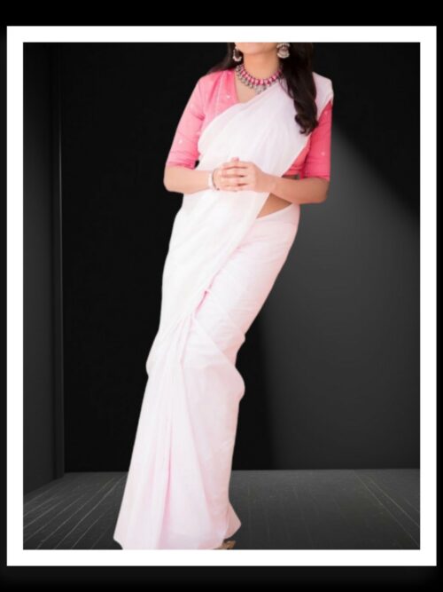 Milk White Plain Cotton Silk Saree