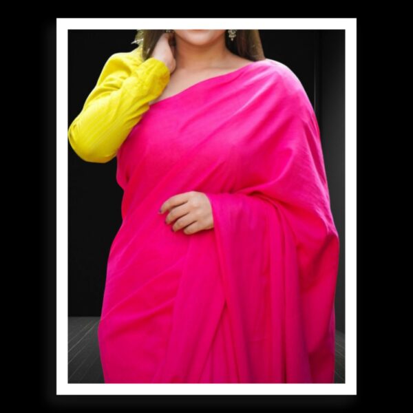 Rani Pink Plain Cotton Silk Saree - Image 2