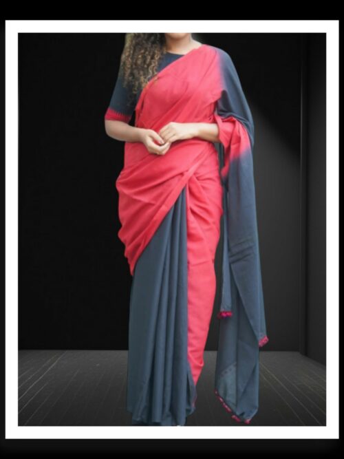 Red Black Plain Cotton Silk Saree