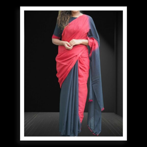 Red Black Plain Cotton Silk Saree