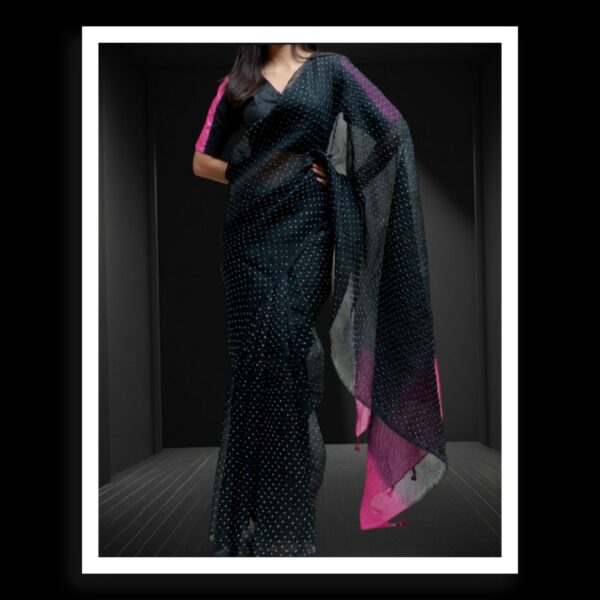Black Pink Designer Bandhani Saree Pure Gaji Silk - Image 2