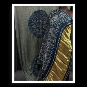 Navy Blue Grey Ras Mandal Gaji Silk Bandhani Saree
