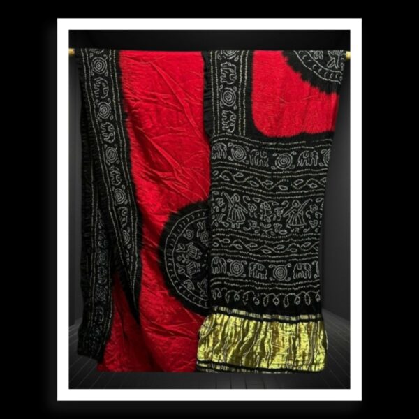 Red Black Ras Mandal Gaji Silk Bandhani Saree - Image 2