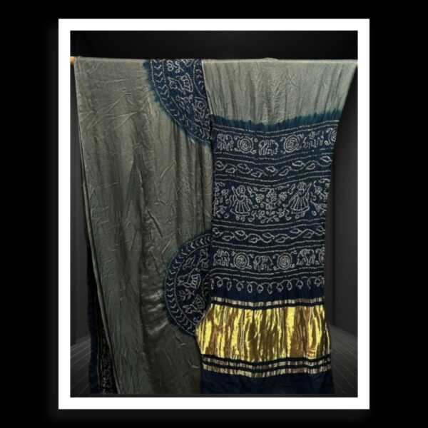 Navy Blue Grey Ras Mandal Gaji Silk Bandhani Saree - Image 2