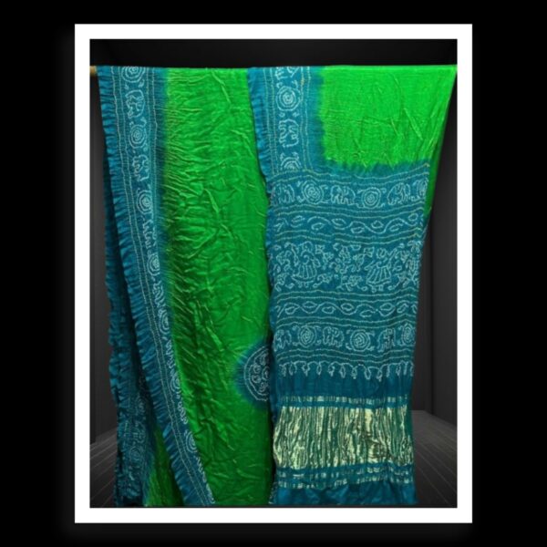 Parrot Sky Ras Mandal Bandhani Saree Pure Gaji Silk