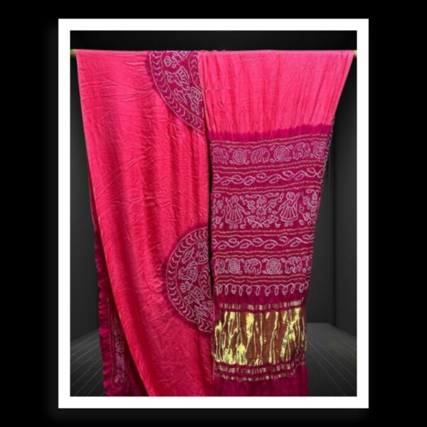Pink Magenta Ras Mandal Gaji Silk Bandhani Saree - Image 2