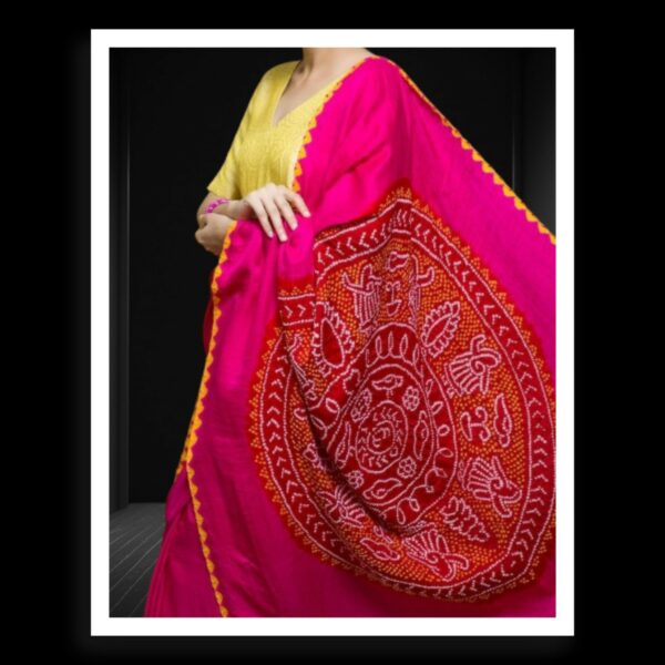 Pink Red Panetar Bandhani Saree Pure Gaji Silk - Image 3