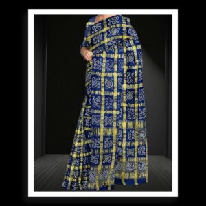 Navy Blue Kala Cotton Bandhani Gharchola Saree