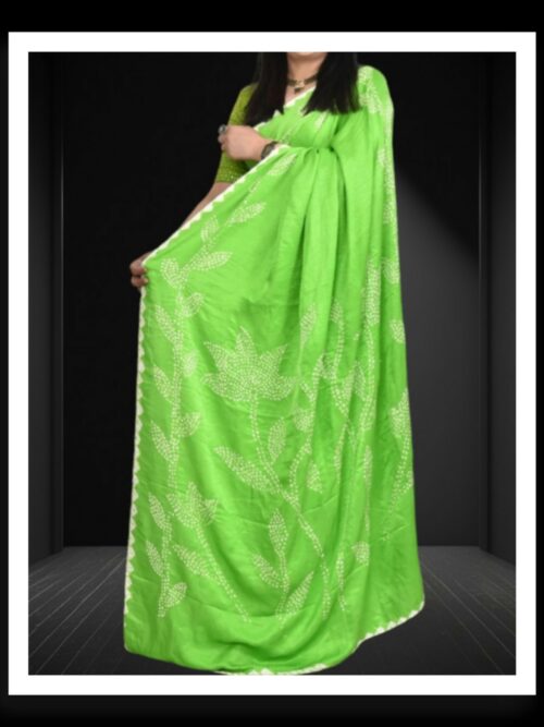 Lime Green Bandhani Flower Saree Pure Gaji Silk