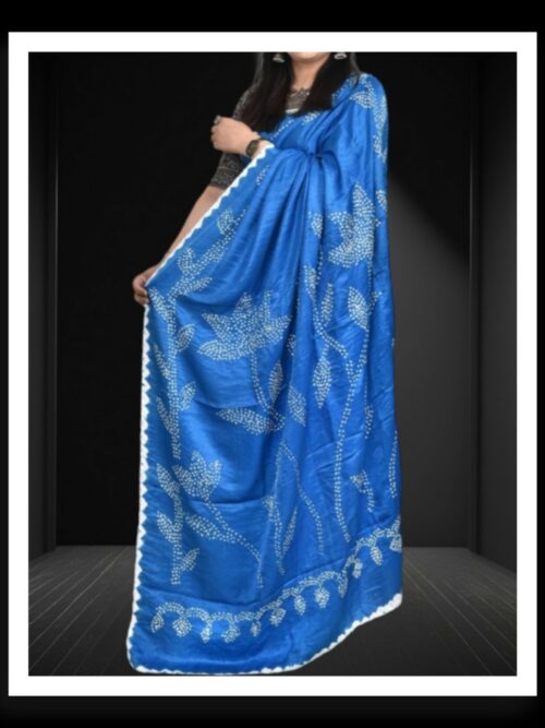 T Blue Bandhani Flower Saree Pure Gaji Silk