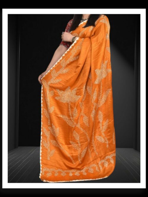 Orange Bandhani Flower Saree Pure Gaji Silk