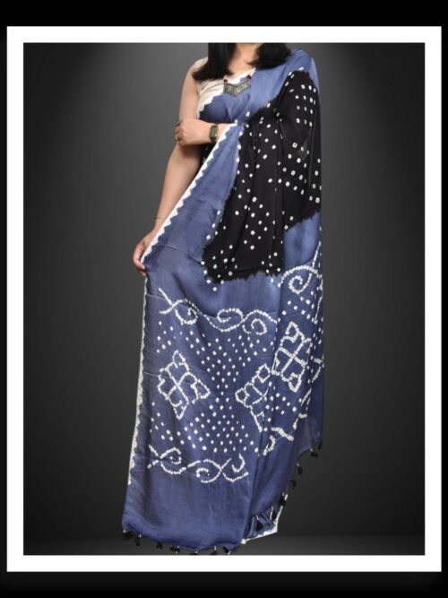 Admiral Blue Black Bandhani Saree Pure Modal Silk