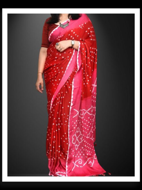 Red Pink Bandhani Saree Pure Modal Silk