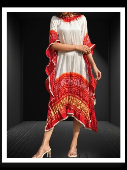 Red Pure Gaji Silk Bandhani Kaftan