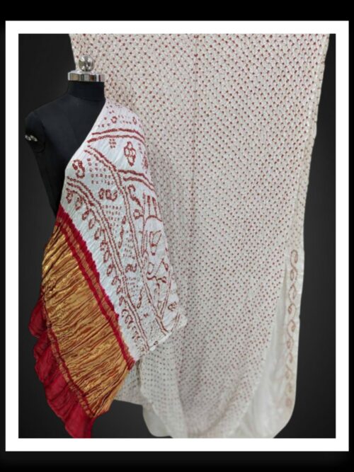 White Pure Gaji Silk Rai Dani Bandhani Saree