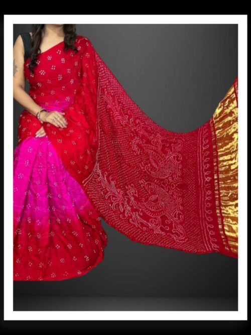 Pure Gaji Silk Designer Bandhani Saree Red Pink