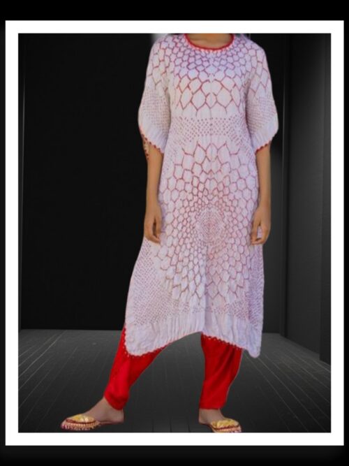 Designer Bandhani Kaftan Pure Gaji Silk White Red