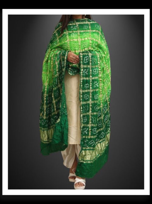 Pure Gaji Silk Bandhani Gharchola Dupatta Green Parrot