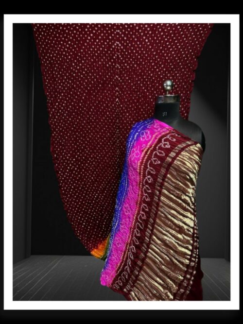 Pure Gaji Silk Mutli Color Bandhani Saree Maroon
