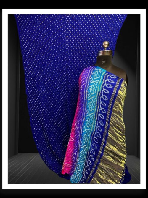 Pure Gaji Silk Mutli Color Bandhani Saree Blue
